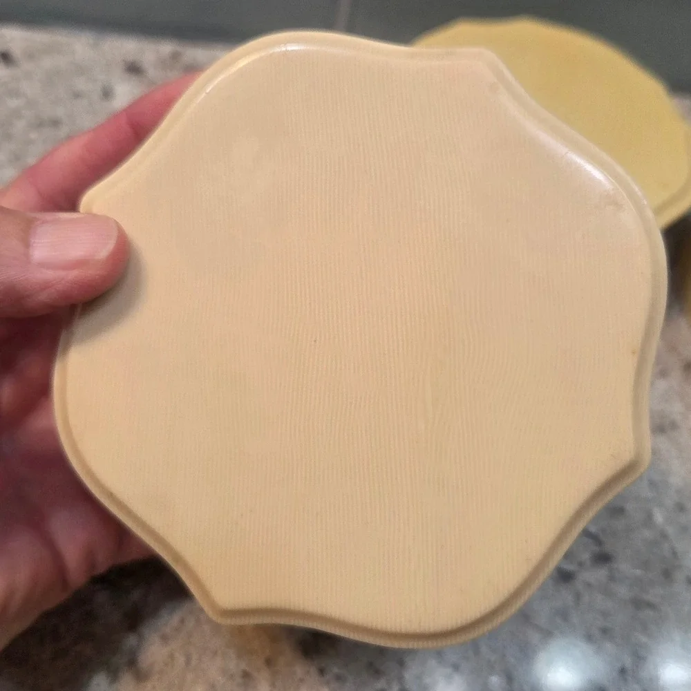 Vintage Fairfax Celluloid Vanity Boxes Cream Scalloped Art Deco Dresser Jars 4pc